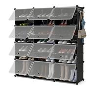 COSTWAY Zapatero de 12 Compartimento para 48 Pares, Mueble Zapatero de Plástico con Gancho Lateral, Expandible para Tacones y Botas, Organizador de Zapatos con Puertas para Entrada, Pasillo (Negro)