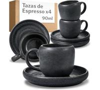 Cosumy Juego de 4 Tazas de Café con Platillos Negras - Taza de Cerámica 90 ml - Conserva el Calor Gracias a la Gres Gruesa - Tazas Elegantes con Esmalte Artesanal - Juego Tazas Cafe Espresso