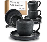 Cosumy Juego de 4 Tazas de Capuchino con Platillos Negras - Taza Ceramica 200ml - Juego Cafe que Conserva el Calor - Tazas Elegantes con Esmalte Artesanal - Juego Tazas Cafe con Leche para Desayuno