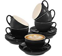 Cosumy Juego de 6 Tazas de Capuchino Negras con Platos - Cerámica - Apto para Lavavajillas - Con Caja de Regalo - 180 ml