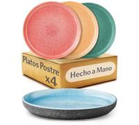 Cosumy Set de 4 Platos de Postre en Gres Ø20 cm - Platos Artesanales con Esmalte Reactivo - Juego de Colores Vibrantes, Apto para Microondas y Lavavajillas - Set de 4 Platos de Postre