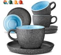 Cosumy Set de 4 Tazas de Capuchino - 200ml en Cerámica con Platillos - Juego de Café Moderno - Gres Grueso con Esmalte Reactivo Hecho a Mano - Mantiene el Calor por Más Tiempo (Azul)