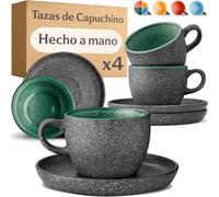 Cosumy Set de 4 Tazas de Capuchino - 200ml en Cerámica con Platillos - Juego de Café Moderno - Gres Grueso con Esmalte Reactivo Hecho a Mano - Mantiene el Calor por Más Tiempo (Verde)