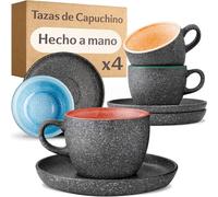 Cosumy Set de 4 Tazas de Capuchino - 200ml en Cerámica con Platillos - Juego de Café Moderno - Gres Grueso con Esmalte Reactivo Hecho a Mano - Mantiene el Calor por Más Tiempo (De color)