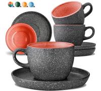 Cosumy Set de 4 Tazas de Capuchino - 200ml en Cerámica con Platillos - Juego de Café Moderno - Gres Grueso con Esmalte Reactivo Hecho a Mano - Mantiene el Calor por Más Tiempo (Rojo)