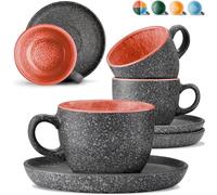 Cosumy Set de 4 Tazas de Espresso con Platillos - 90 ml de Cerámica - Juego de Café Moderno - Gres Grueso con Esmalte Reactivo Hecho a Mano - Mantiene el Calor por Más Tiempo (Rojo)