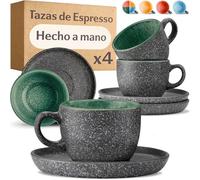 Cosumy Set de 4 Tazas de Espresso con Platillos - 90 ml de Cerámica - Juego de Café Moderno - Gres Grueso con Esmalte Reactivo Hecho a Mano - Mantiene el Calor por Más Tiempo (Verde)