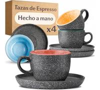 Cosumy Set de 4 Tazas de Espresso con Platillos - 90 ml de Cerámica - Juego de Café Moderno - Gres Grueso con Esmalte Reactivo Hecho a Mano - Mantiene el Calor por Más Tiempo (De color)