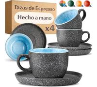 Cosumy Set de 4 Tazas de Espresso con Platillos - 90 ml de Cerámica - Juego de Café Moderno - Gres Grueso con Esmalte Reactivo Hecho a Mano - Mantiene el Calor por Más Tiempo (Azul)