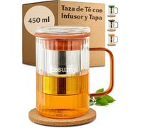 Cosumy Taza para Infusiones con Tapa y Filtro, 450ml - Vaso de Té de Vidrio Borosilicato con Asas de Colores y Posavasos de Corcho (Naranja)