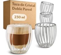 Cosumy Tazas de Café Cappuccino Doble Pared de Cristal - 4 Vasos de 230ml - Aislamiento Térmico & Resistencia al Calor - Aptas para Lavavajillas - Diseño Estriado con Efecto Flotante