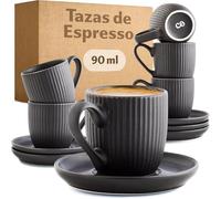 Cosumy Tazas de Café Espresso con Platos - 6 Tazas 90ml con Asa para Espresso con Diseño único a rayas - Cerámica Mate - Aptas para lavavajillas - Negro
