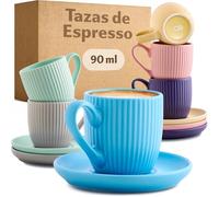 Cosumy Tazas de Café Espresso con Platos - 6 Tazas 90ml con Asa para Espresso con Diseño único a rayas - Cerámica Mate - Aptas para lavavajillas - Pastel