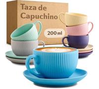 Cosumy Tazas de Capuchino con Platos - 6 Tazas de Café Pastel con Asa - 200ml - Diseño único a rayas - Cerámica mate - Apto para lavavajillas