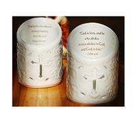 Cosy YcY Portavelas de cerámica, juego de 2 portavelas de cerámica con diseño de cruz cristiana, soporte para bolígrafo, signo de cruz santa con forma de palabra de Jesús