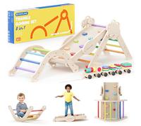 COSYLAND 8 en 1 Triángulo de Escalada Montessori con Arco y Rampa, Set Plegable Infantil, Juguete de Madera Resistente para Interior, Niños 18 Meses-6 años, Colores Arcoíris, Mediano
