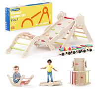 COSYLAND 8 en 1 Triángulo de Escalada Montessori con Arco y Rampa, Set Plegable Infantil, Juguete de Madera Resistente para Interior, Niños 18 Meses-6 años, Colores Cálidos, Mediano
