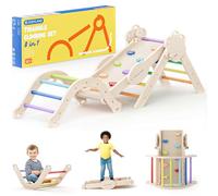 COSYLAND 8 en 1 Triángulo de Escalada Montessori con Arco y Rampa, Set Plegable Infantil, Juguete de Madera Resistente para Interior, Niños 18 Meses-6 años, Natural/Multicolor, Mediano