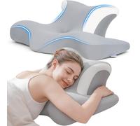 COSYLAND Almohada Cervicales y Cuello - Ergonómica para Dormir de Lado, Boca Arriba o Abajo, Espuma Viscoelástica, Diseño con Espacio para Orejas y Brazos, Funda Transpirable, 64×48×24 cm, Gris