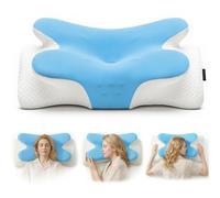 COSYLAND Almohada Cervicales y Cuello - Espuma Viscoelástica, Diseño Mariposa con Soporte Ergonómico y Transpirable, para Dormir de Lado, Boca Arriba y Boca Abajo, 63 x 34 x 11/13 cm, Azul