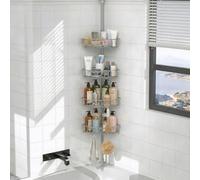 COSYLAND Estantería Telescópica para Baño, 86-318 cm, 4 Cestas, Plata | Ducha esquinera sin taladro, metal resistente a la corrosión, con ganchos integrados