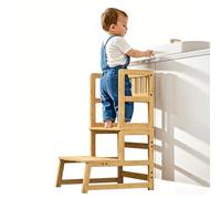 COSYLAND Taburete de Niños con 2 Peldaños y Asas - Escalón Infantil para 18 Meses en Adelante - Ideal para Cocina, Baño y Dormitorio - Natural Oscuro