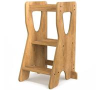 COSYLAND Torre de Aprendizaje Montessori de Madera - Altura Ajustable en 3 Niveles - para Niños Desde 18 Meses - con Barandillas de Seguridad - Estable y Fácil de Montar - Natural, Forma R