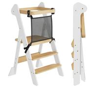COSYLAND Torre de Aprendizaje Montessori de Madera Plegable Desde 1 Año - Ganadora del Premio iF Design, con Red de Seguridad y Altura Ajustable, Ideal para Cocina y Baño (Blanco y Natural)