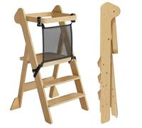 COSYLAND Torre de Aprendizaje Montessori de Madera Plegable Desde 1 Año - Ganadora del Premio iF Design, con Red de Seguridad y Altura Ajustable, Ideal para Cocina y Baño (Natural)