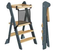 COSYLAND Torre de Aprendizaje Montessori de Madera Plegable Desde 1 Año - Ganadora del Premio iF Design, con Red de Seguridad y Altura Ajustable, Ideal para Cocina y Baño (Azul Pizarra y Natural)