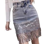 COTCLO Falda larga con bordado de retazos para mujer, falda de lentejuelas de cintura alta, para oficina, trabajo, minifalda de mezclilla, azul claro, 52