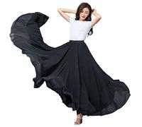 COTCLO Falda larga para mujer, falda de baile plisada, falda larga de verano, color sólido, cintura alta, falda larga de gasa, falda grande con vuelo, Negro, 36