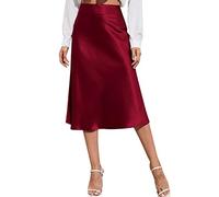 COTCLO Falda larga de gasa para mujer, falda midi de cintura alta, vestido de satén de color sólido, con cremallera, faldas de verano para mujer, Vino, 48