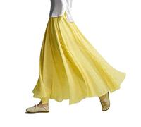 COTCLO Falda larga de lino para mujer, falda larga de algodón con cintura elástica, plisada, maxi faldas de playa vintage de verano, amarillo, 44
