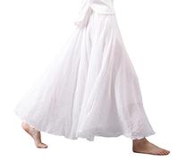 COTCLO Falda larga de lino para mujer, falda larga de algodón con cintura elástica, plisada, maxi faldas de playa vintage de verano, blanco, 40