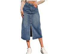 COTCLO Falda larga de mezclilla recta de cintura alta para mujer, vintage, tenedor dividido, azul, falda de mezclilla larga entallada, azul, 40