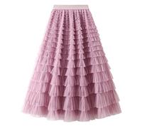 COTCLO Falda larga de tul para mujer, falda larga para primavera, verano, color negro, rosa, falda plisada de cintura alta, rosa, talla única