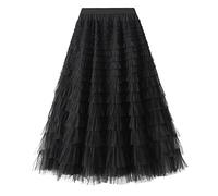 COTCLO Falda larga de tul para mujer, falda larga para primavera, verano, negro, rosa, cintura alta, plisada