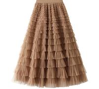 COTCLO Falda larga de tul para mujer, falda larga para primavera, verano, negro, rosa, cintura alta, plisada, caqui, Talla única