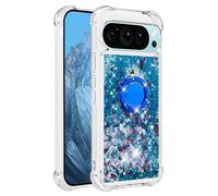 COTDINFOR Compatible con Google Pixel 10 Pro XL Funda con Anillo Soporte,Diamante Carcasa Brillante Glitter Líquido Arena Movediza Silicona Cover Case para Google Pixel 10 Pro XL TPU Love Blue YBWTZH