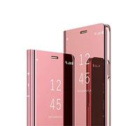 COTDINFOR Samsung Galaxy A20e Funda Espejo Ultra Slim Ligero Flip Funda Clear View Standing Cover Mirror PC Cover Protectora Bumper Case para Samsung Galaxy A20e Rose Gold Mirror PU MX.