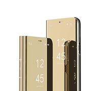 COTDINFOR Samsung J8 2018 Funda Espejo Ultra Slim Ligero Flip Funda Clear View Standing Cover Mirror PC + PU Cover Protectora Bumper Case para Samsung Galaxy J8 2018 Gold Mirror PU MX.