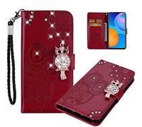 COTDINFORCA Phone Case for Huawei P Smart 2019 Funda Caso, Crystal Bling Tarjeta Cuero PU Brillar Diamante Búho Magnetic Lock Billetera Flip Cover para Huawei Honor 10 Lite Deep Red Owl YK.