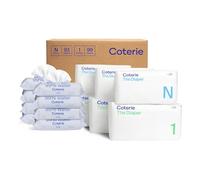 Coterie Kit de toallitas para bebé + pañales, tamaño 1 (99 unidades) y tamaño de pañales para recién nacidos (93 unidades), paquete de 8 (448) toallitas para bebé con 99% de agua, materiales a base de