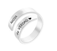 cotigo Anillo Ajustable Mujer de Acero Inoxidable con Mensaje Grabado - Regalo para Amiga, Mejor Amiga o Hermana del Alma - Incluye Caja de Regalo (Amiga de Verdad-Plateado)