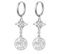 cotigo-Pendientes Nudo de Bruja y Tetragramatón | Acero Inoxidable | Amuleto de Protección contra Malas Energías | Incluye una Pulsera Roja 7 Nudos de Regalo (Con Tetragrammaton Plateado)