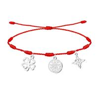 cotigo- Pulsera Nudo Rojo Ajustable de Protección y Suerte con Tetragramaton, Nudo de Bruja y Trébol de la Suerte - Acero Inoxidable - Amuleto Espiritual Unisex (Trébol de Suerte Plateado)