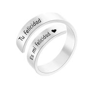 cotigo Regalo para Mujer - Anillo Ajustable de Acero Inoxidable con Mensaje Grabado, Joya Romántica para Novia, Esposa o Pareja, Incluye Caja de Regalo (Tu felicidad es mi felicidad-Plateado)
