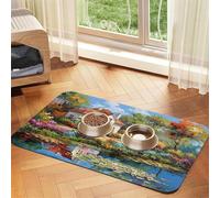 Cottage by The River - Tapete de comida para mascotas de 23.6 x 15.7 pulgadas, absorbente, antideslizante, de piel sintética, tapete de alimentación para perros, gatos, parte inferior de goma, de