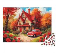 Cottage de Rose con Coche de Escarabajo Rojo Puzzle De Madera Impermeable Puzzles De 1000 Piezas para Adultos Imposible Rompecabezas Juegos Educativos